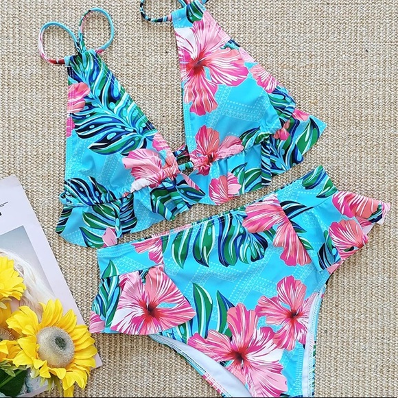 High Waist Ruffle Bikini Aqua Pink Palm Print M/L - Picture 2 of 6